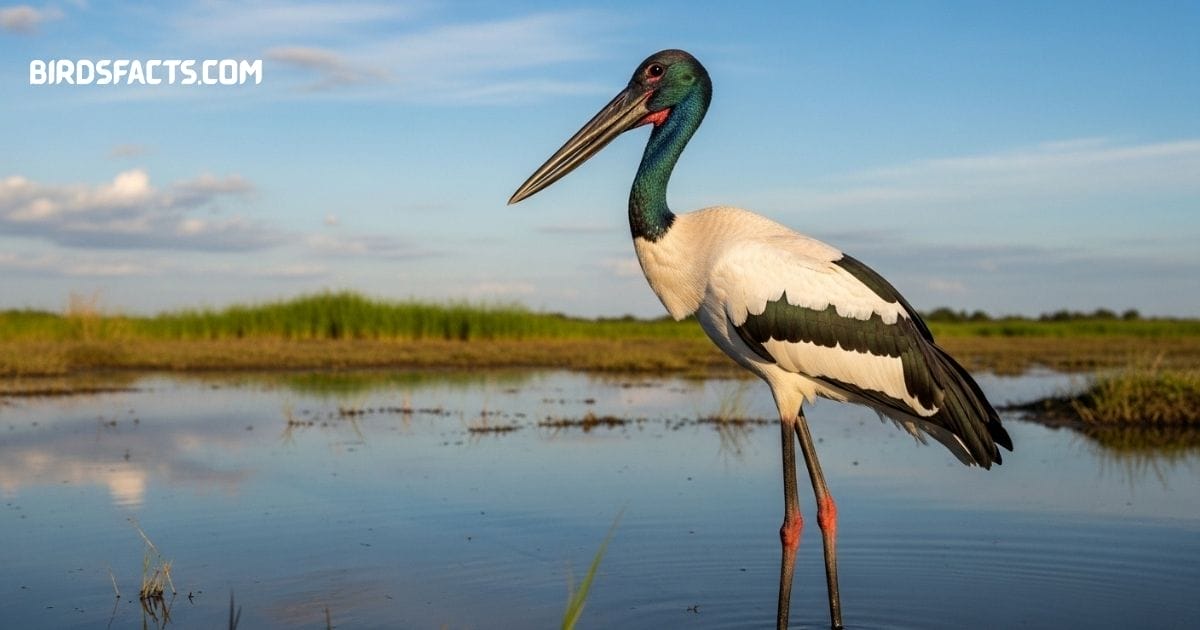 Black-necked Stork with glossy black neck and long red legs standing in shallow water