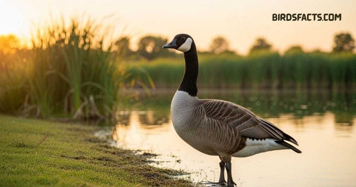 Canada Goose with black head and white cheek patch swimming on a lake