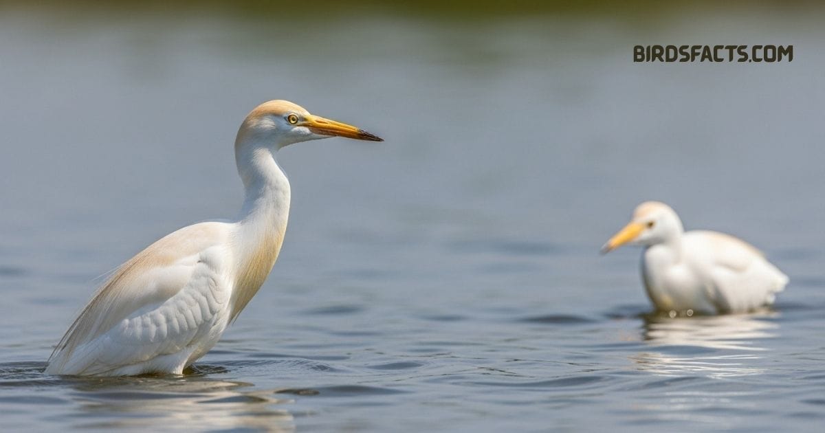 Cattle Egret with white plumage and yellow bill standing in a grassy field