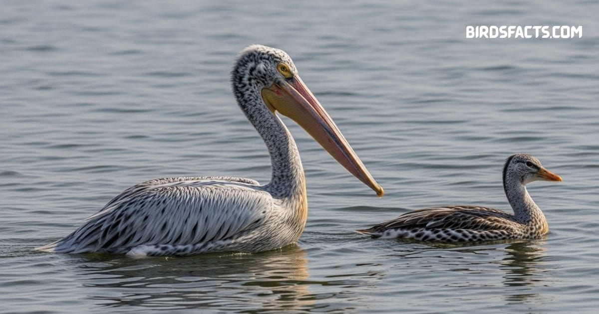 Dalmatian Pelican with massive orange bill and white plumage floating on water