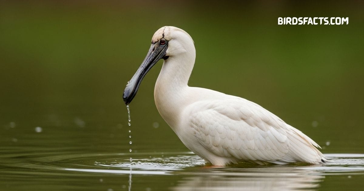 European Spoonbill with white plumage and long spoon-shaped bill wading in shallow water