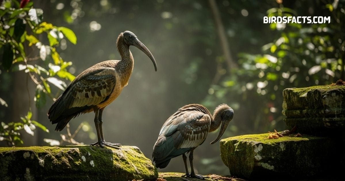 Giant Ibis with long down-curved bill and grayish-brown plumage walking in grassland