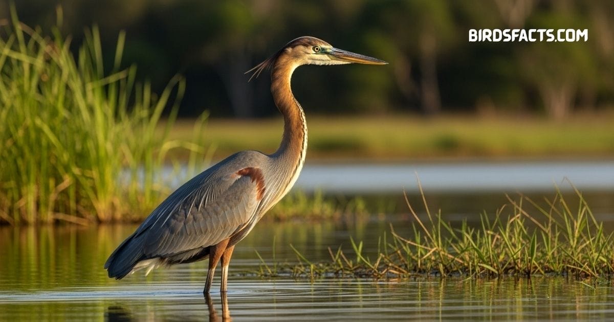Goliath Heron with massive body and chestnut neck standing in shallow waterGoliath Heron with massive body and chestnut neck standing in shallow water