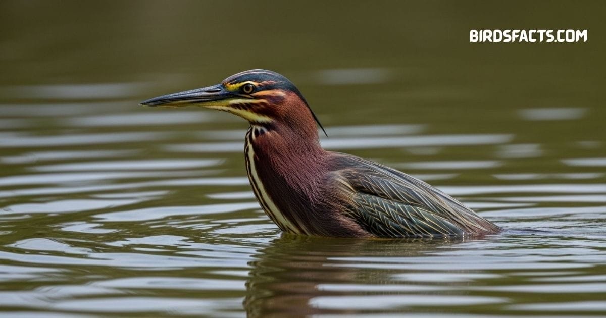 Green Heron with dark green back and chestnut neck perched near water