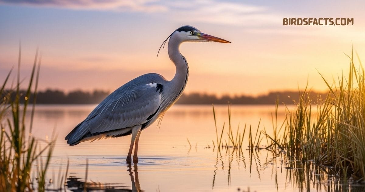 Grey Heron with long neck and gray plumage standing in shallow water