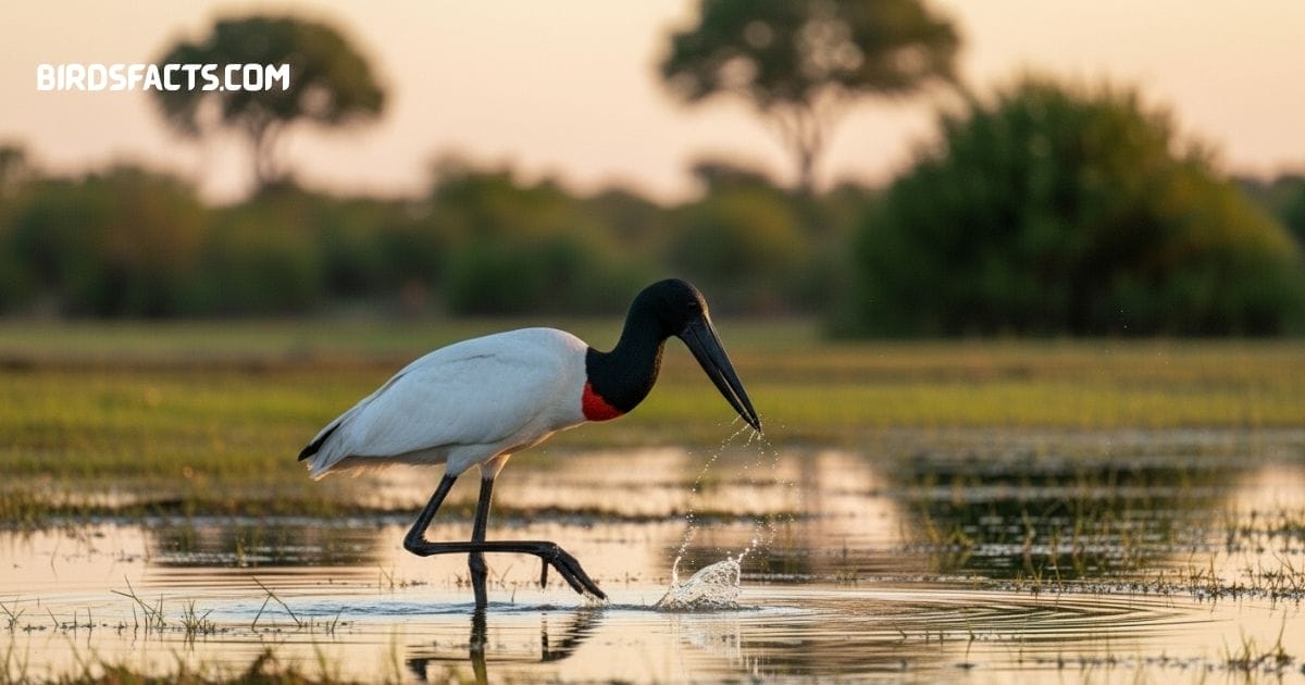 Jabiru stork with massive black bill and white plumage standing in shallow water