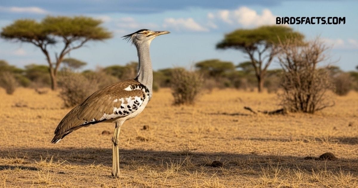 Kori Bustard with brown mottled plumage and long legs walking in grassland
