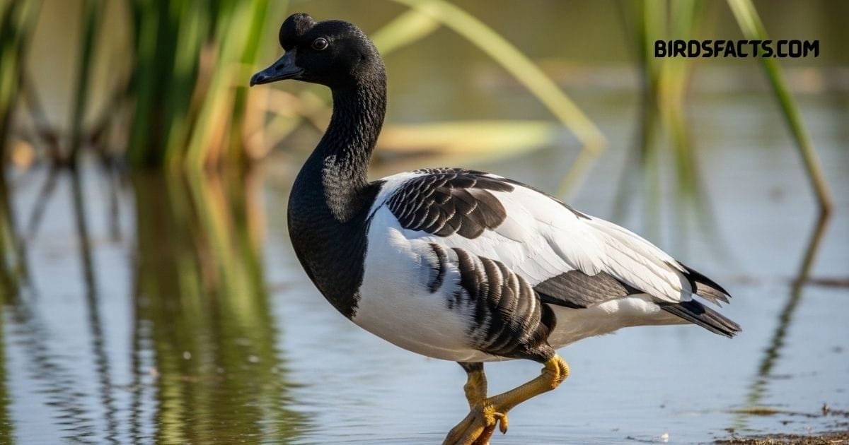 Magpie Goose with black-and-white plumage and orange legs standing near water