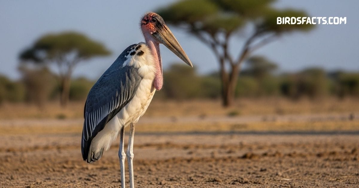 Marabou Stork with dark wings, white body, and bare pink head standing in grassland