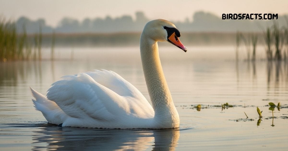 Mute Swan with white plumage and orange bill swimming gracefully on a lake