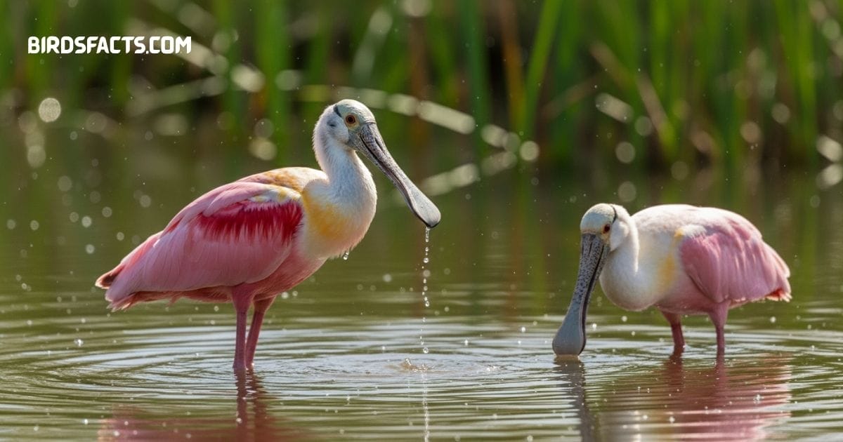 Roseate Spoonbill with pink plumage and spoon-shaped bill wading in shallow water