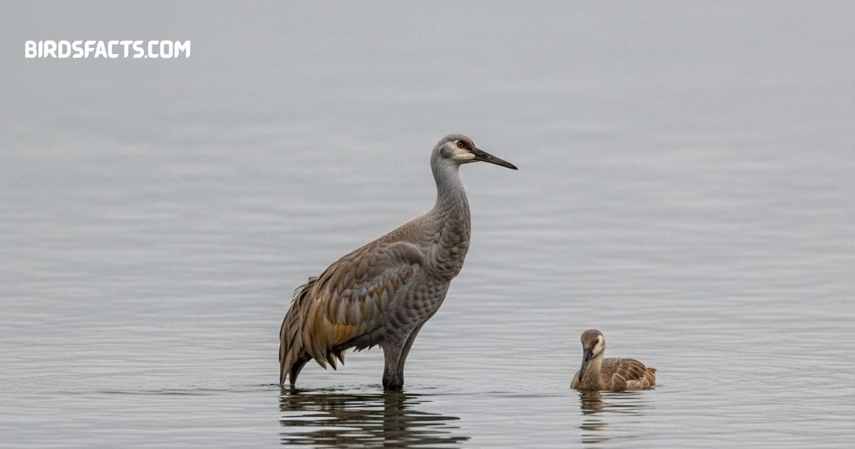 Sandhill Crane with gray body and red crown standing in a marsh