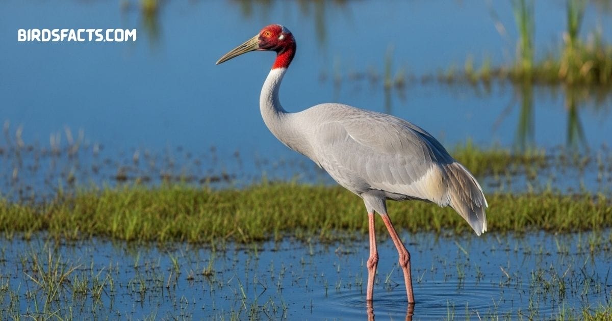 Sarus Crane with gray body and red head standing in wetland grass