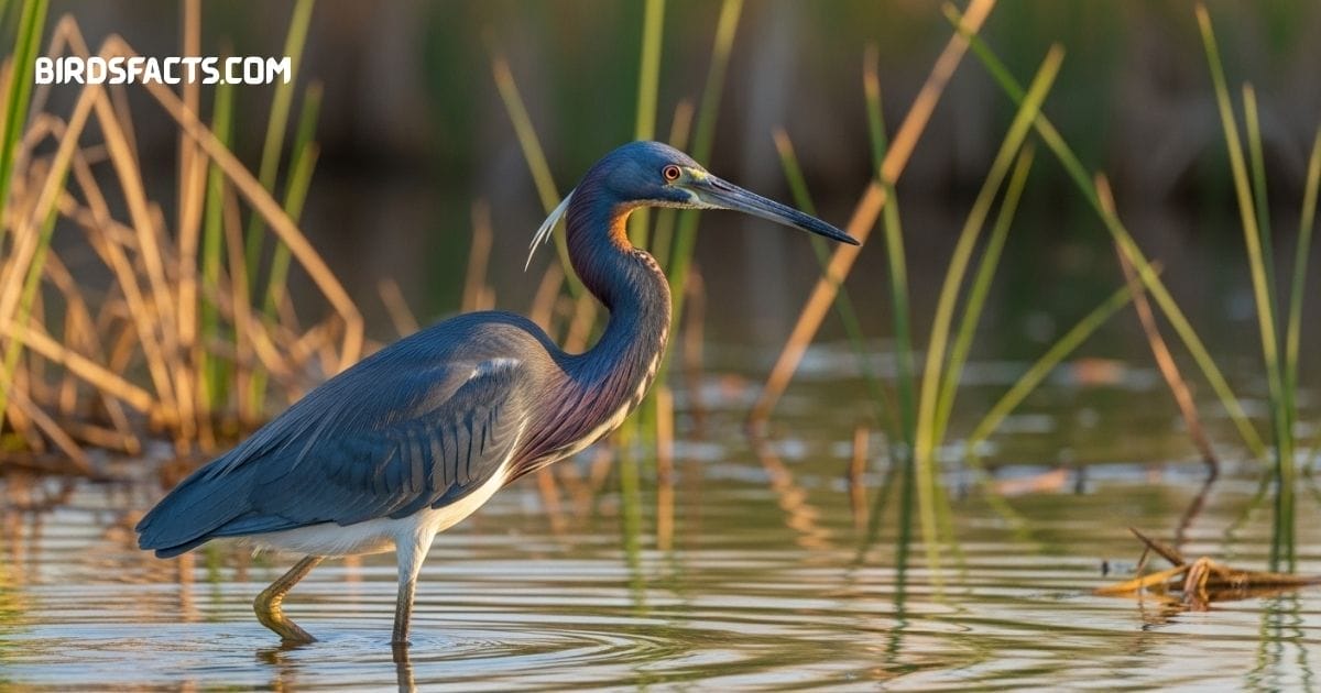 Tricolored Heron with blue-gray body, white belly, and slender neck wading in water