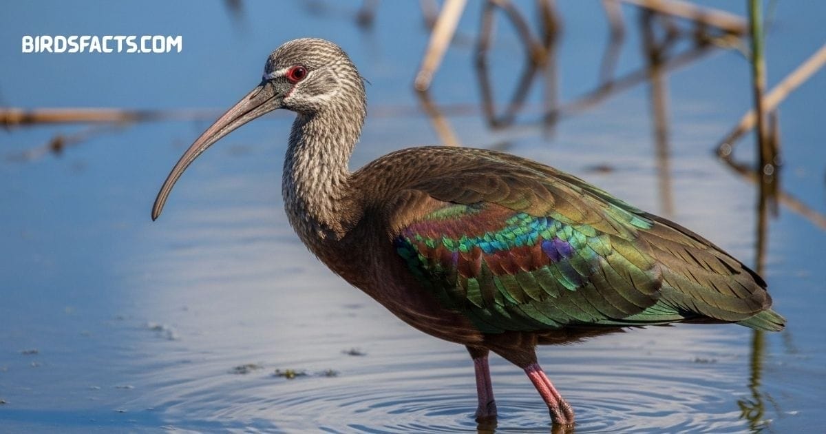 White-faced Ibis with iridescent bronze-green plumage and long curved bill wading in shallow water