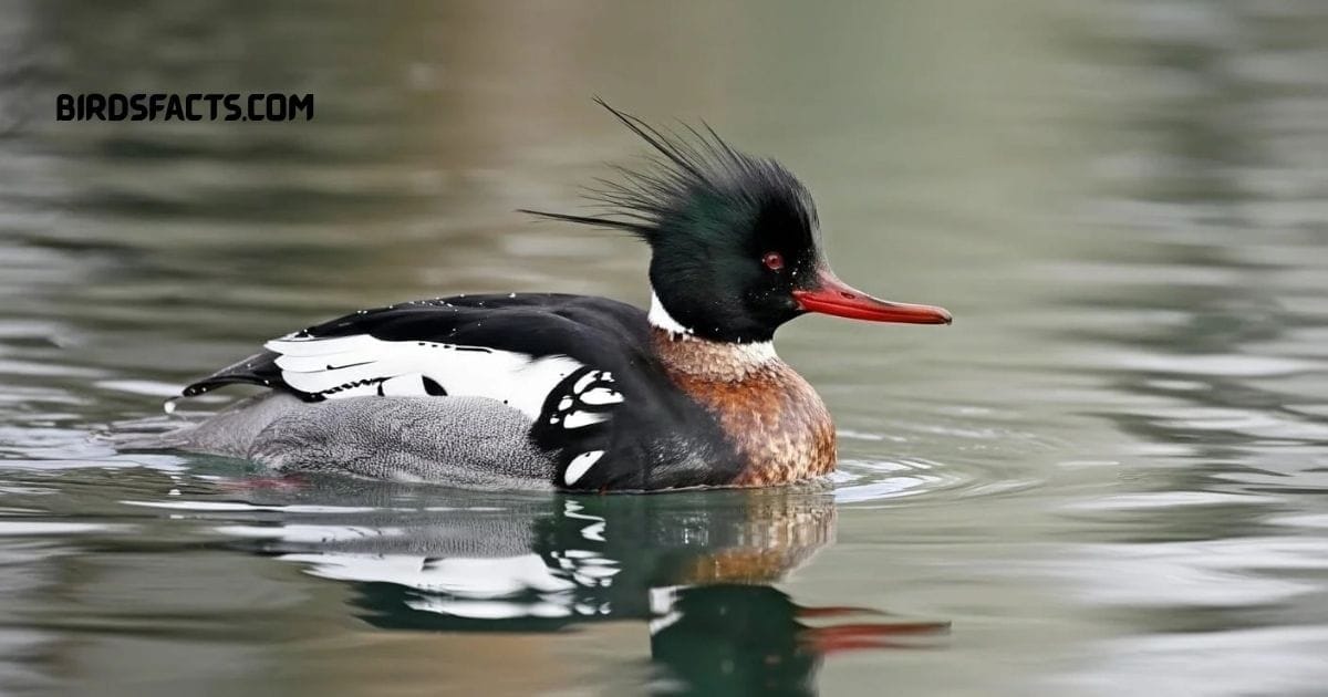Red-breasted Merganser with spiky crest and slender red bill swimming on water
