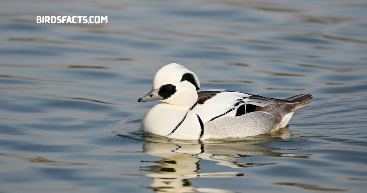 Smew duck with striking black-and-white plumage swimming on a lake